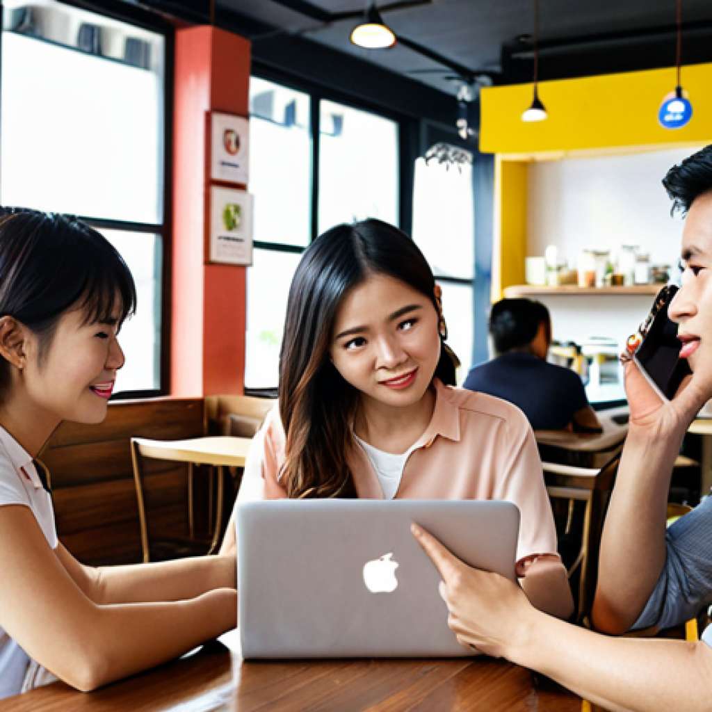 Understanding Customers**

*Prompt:* A diverse group of young Vietnamese adults engaging with their smartphones and laptops in a modern cafe setting. Focus on expressions of curiosity and interest. The background should subtly display social media icons and analytical charts. The overall tone is bright, friendly, and approachable.

**