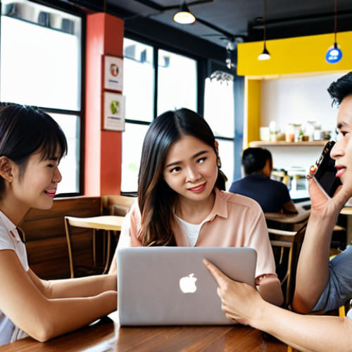 Understanding Customers**

*Prompt:* A diverse group of young Vietnamese adults engaging with their smartphones and laptops in a modern cafe setting. Focus on expressions of curiosity and interest. The background should subtly display social media icons and analytical charts. The overall tone is bright, friendly, and approachable.

**