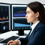 A focused content strategist, mid-30s, fully clothed in a modest, dark professional business suit and a light blouse. She is sitting at a sleek, minimalist desk in a modern, well-lit office. Multiple monitors display complex data visualizations, competitor website analytics, SEO metrics, and content performance charts. Soft ambient lighting. She looks intently at a screen, pointing with a well-formed hand, a thoughtful expression on her face. Her posture is natural. Professional photography, corporate aesthetic, high-resolution, sharp focus, natural colors, realistic. Perfect anatomy, correct proportions, proper finger count, natural body proportions, appropriate attire, professional dress, safe for work, appropriate content, professional.
