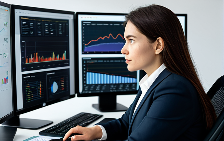 A focused content strategist, mid-30s, fully clothed in a modest, dark professional business suit and a light blouse. She is sitting at a sleek, minimalist desk in a modern, well-lit office. Multiple monitors display complex data visualizations, competitor website analytics, SEO metrics, and content performance charts. Soft ambient lighting. She looks intently at a screen, pointing with a well-formed hand, a thoughtful expression on her face. Her posture is natural. Professional photography, corporate aesthetic, high-resolution, sharp focus, natural colors, realistic. Perfect anatomy, correct proportions, proper finger count, natural body proportions, appropriate attire, professional dress, safe for work, appropriate content, professional.