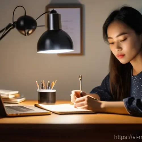 SEO 최적화를 위한 콘텐츠 작성 전략 - **Prompt:** A young Vietnamese woman, around 25-30 years old, sitting comfortably at her desk late a...