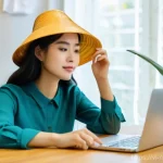 AI를 활용한 콘텐츠 마케팅 전략 - **Prompt:** A young Vietnamese female blogger, in her late 20s, sits comfortably at a modern, sunlit...
