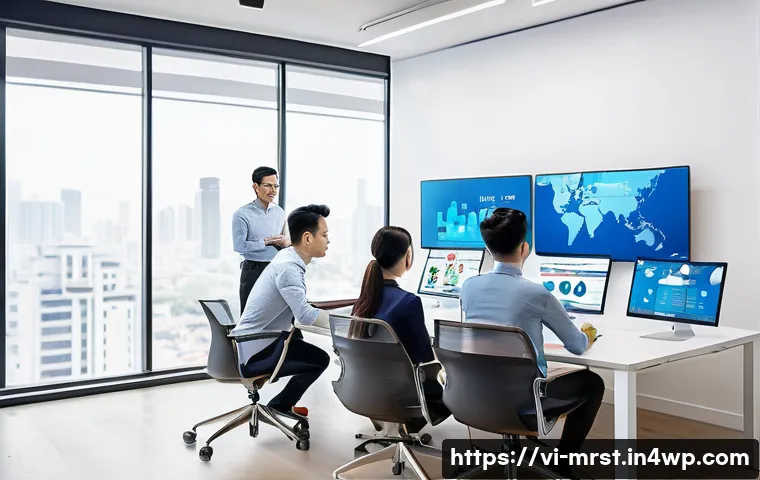 콘텐츠 마케팅 실패 사례 분석 - A modern Vietnamese marketing team in a bright, sleek office space, collaborating intensely around a...