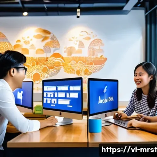 브랜드 이미지 강화를 위한 콘텐츠 전략 - A vibrant Vietnamese digital marketing office scene showing a diverse team of young professionals an...