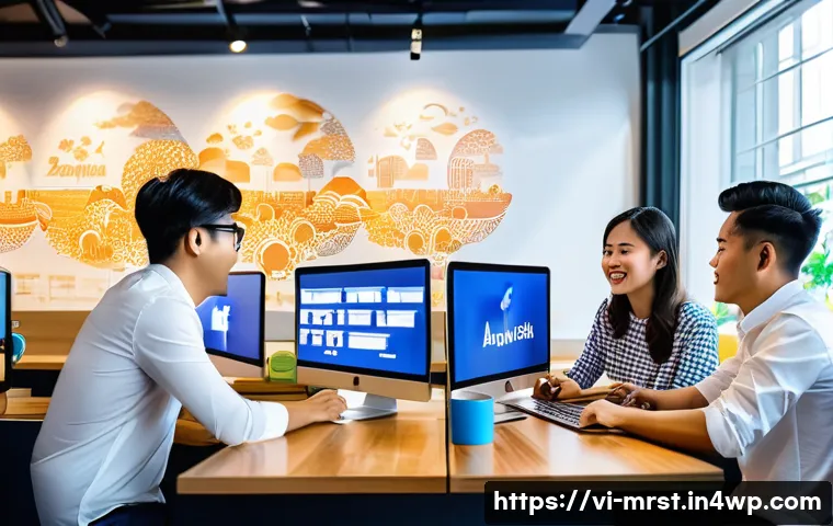 브랜드 이미지 강화를 위한 콘텐츠 전략 - A vibrant Vietnamese digital marketing office scene showing a diverse team of young professionals an...