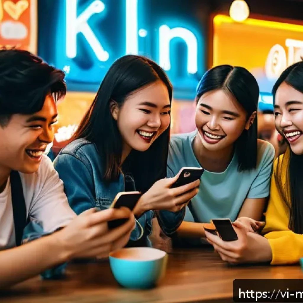 세대별 콘텐츠 소비 패턴 분석 - A vibrant and dynamic scene showing a diverse group of Vietnamese Gen Z youths engaging with short-f...