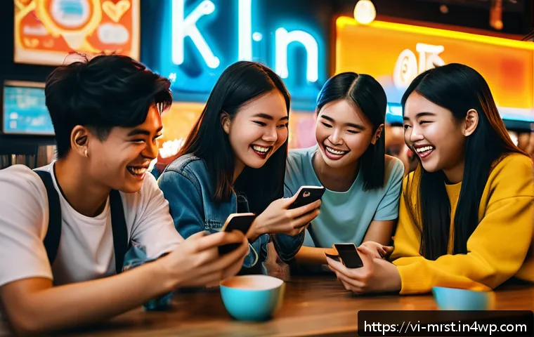 세대별 콘텐츠 소비 패턴 분석 - A vibrant and dynamic scene showing a diverse group of Vietnamese Gen Z youths engaging with short-f...